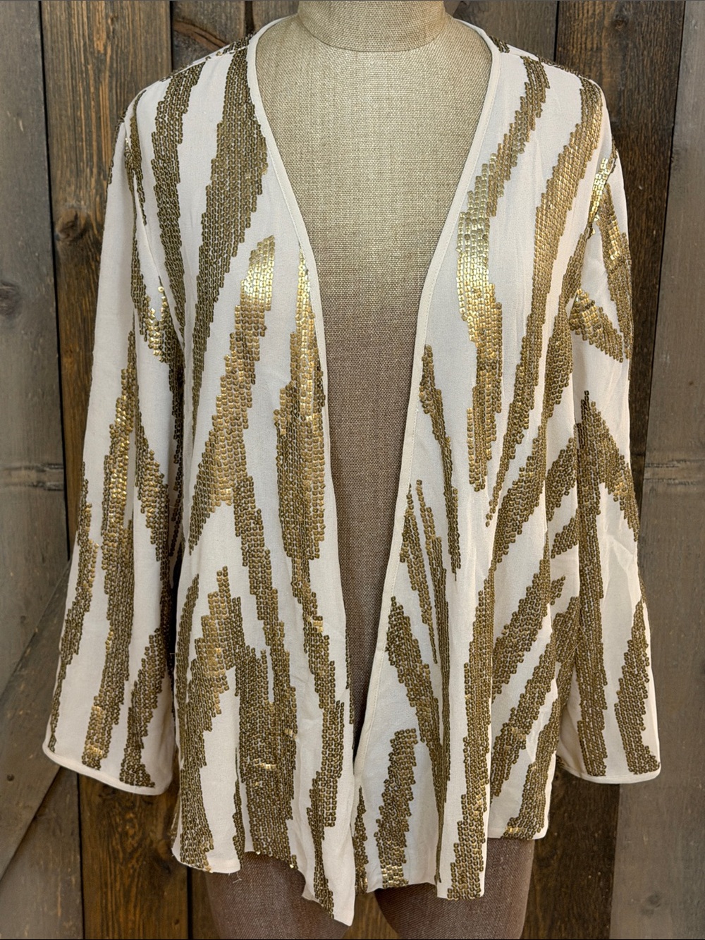 Chico’s Size 2 Ivory Gold Sequin Open Front Jacket Holiday Cocktail Glam Party